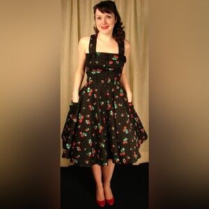 HELL BUNNY VIXEN Black Strawberry Print Retro Swing Dress Sz XS
